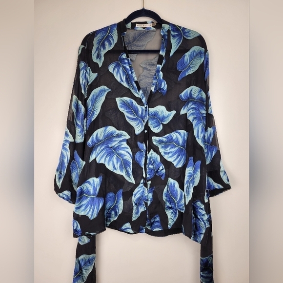 Alice + Olivia Rosario Tie Waist Blue Kimono Silk Blend Top Size Small - Picture 8 of 16